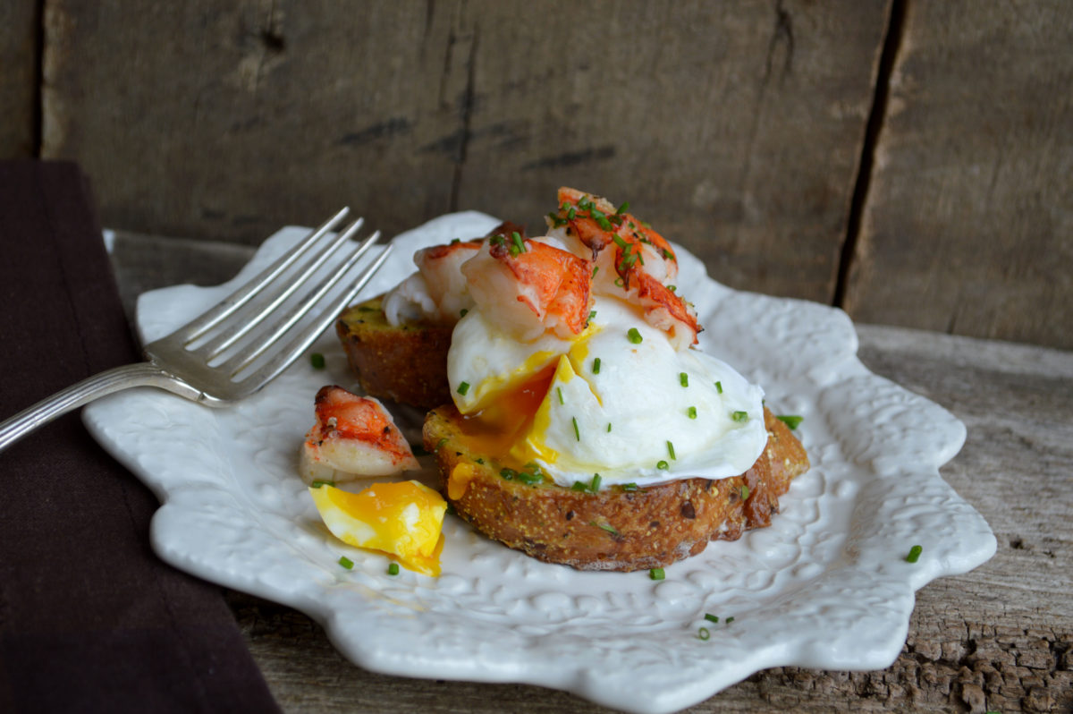 Lobster Topped Poached Egg on Savory French Toast Lemony Thyme