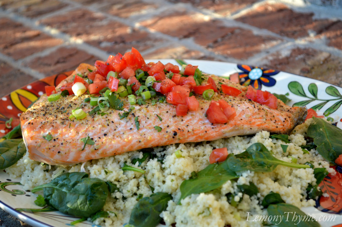 Garlic & Herb Baked Salmon {over Spinach Couscous} Lemony Thyme
