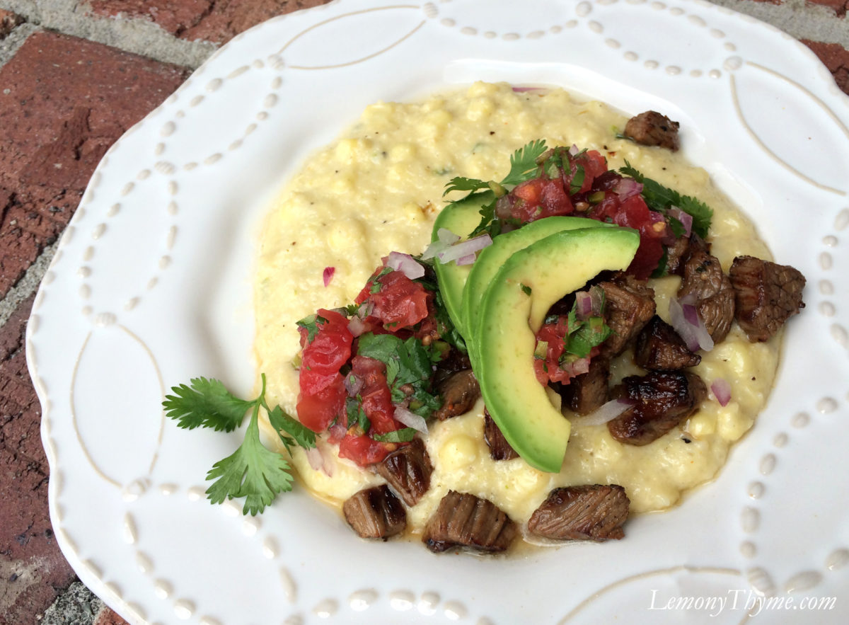 Carne Asada Marinated Beef Tips {over Jalapeño & Corn Grits} Lemony Thyme